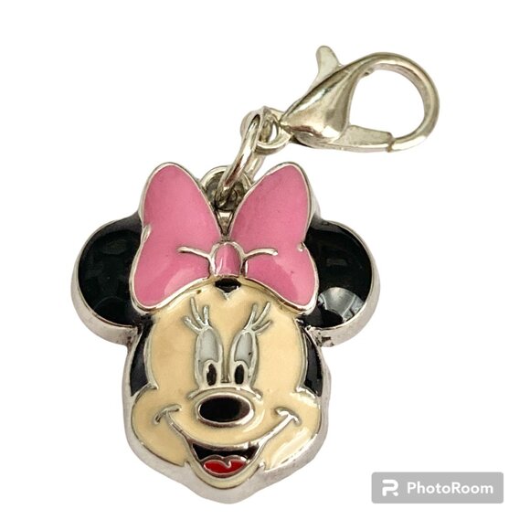 Disney Minnie Mouse Clip On Charm Pink Bow Enamel Zipper Pull Purse Signed Smile - Picture 1 of 8